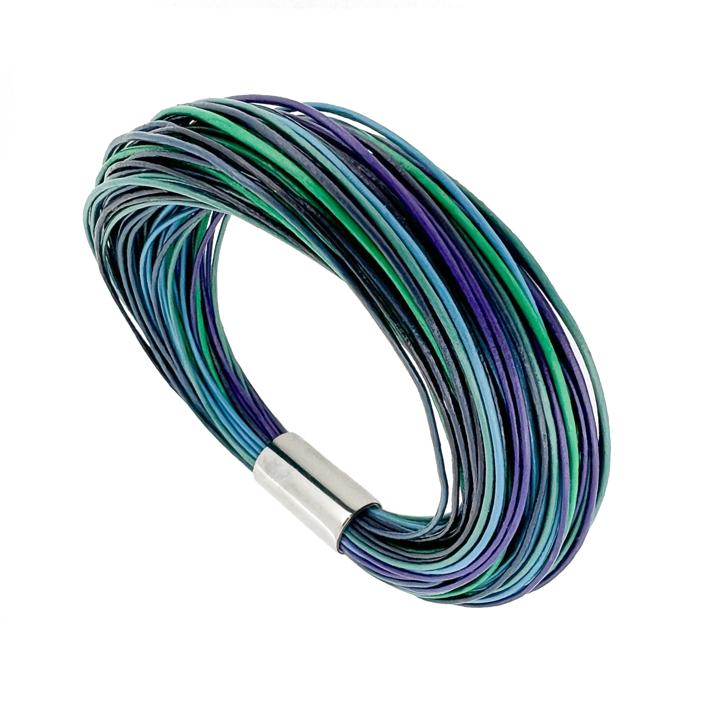Northern Lights Bracelet w/ 78 X 0.5mm leather strands and polished 10mm titanium magnetic lock. Inspired by the northern lights in Iceland. Made by Zeezen