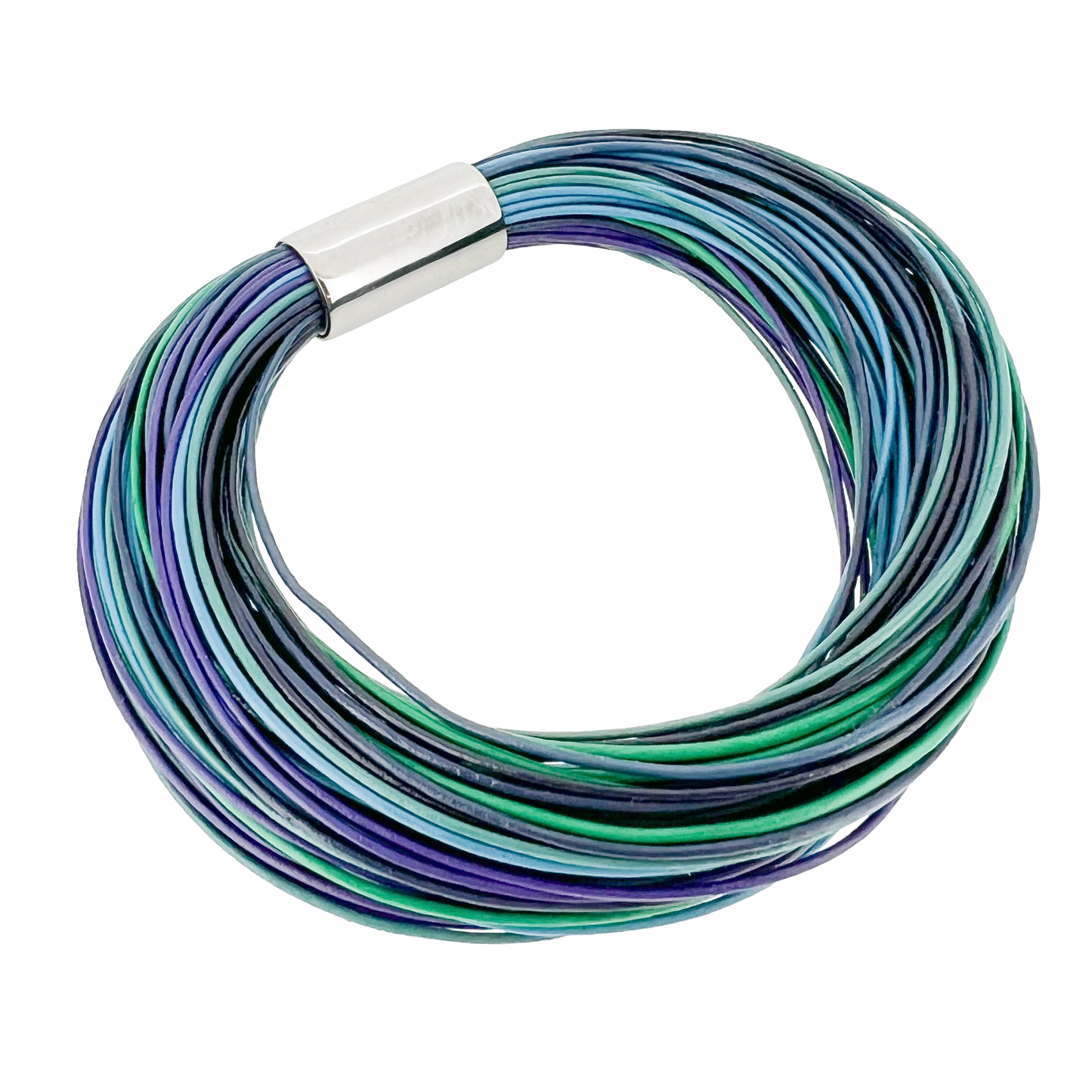 Northern Lights Bracelet w/ 78 X 0.5mm leather strands and polished 10mm titanium magnetic lock. Inspired by the northern lights in Iceland. Made by Zeezen