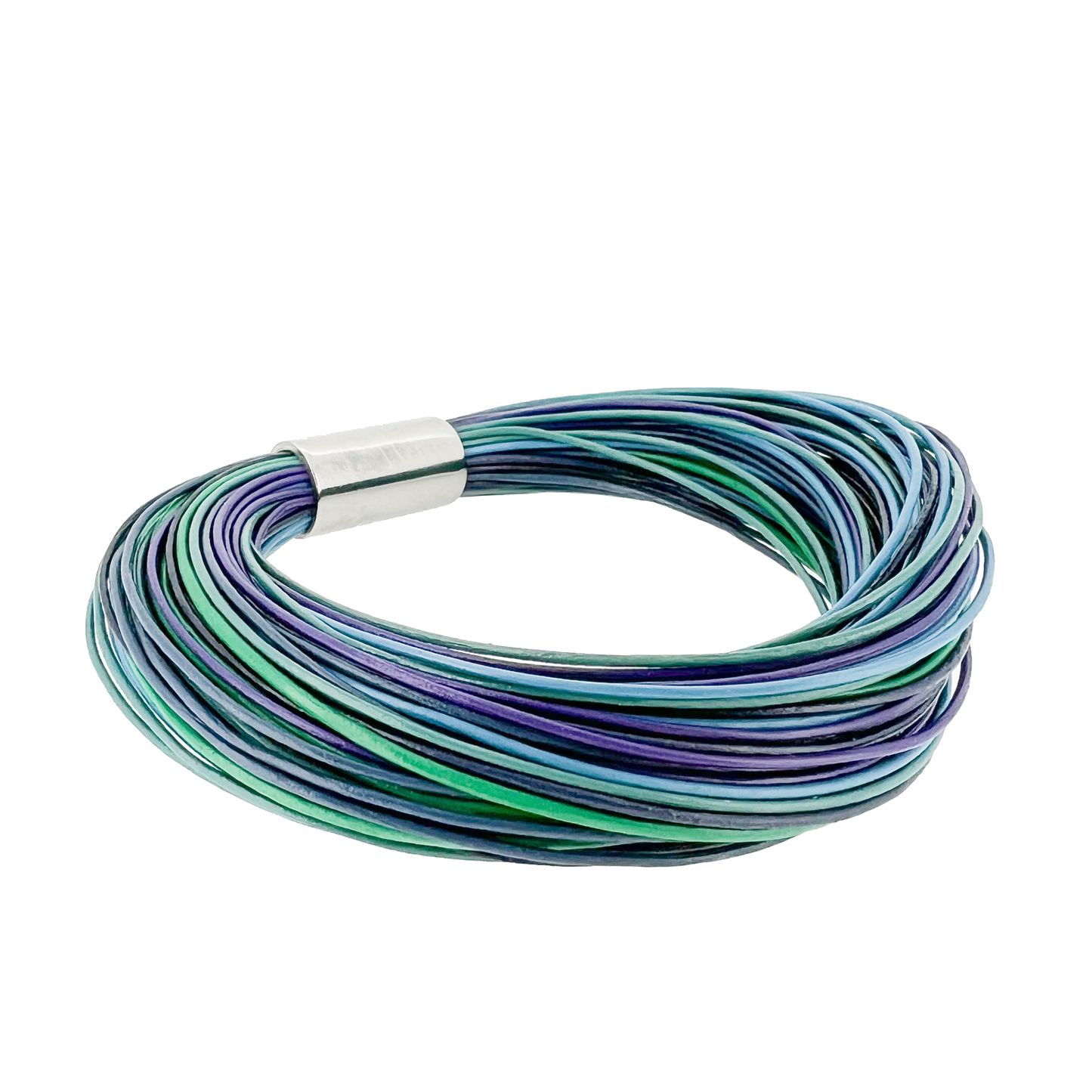 Northern Lights Bracelet w/ 78 X 0.5mm leather strands and polished 10mm titanium magnetic lock. Inspired by the northern lights in Iceland. Made by Zeezen