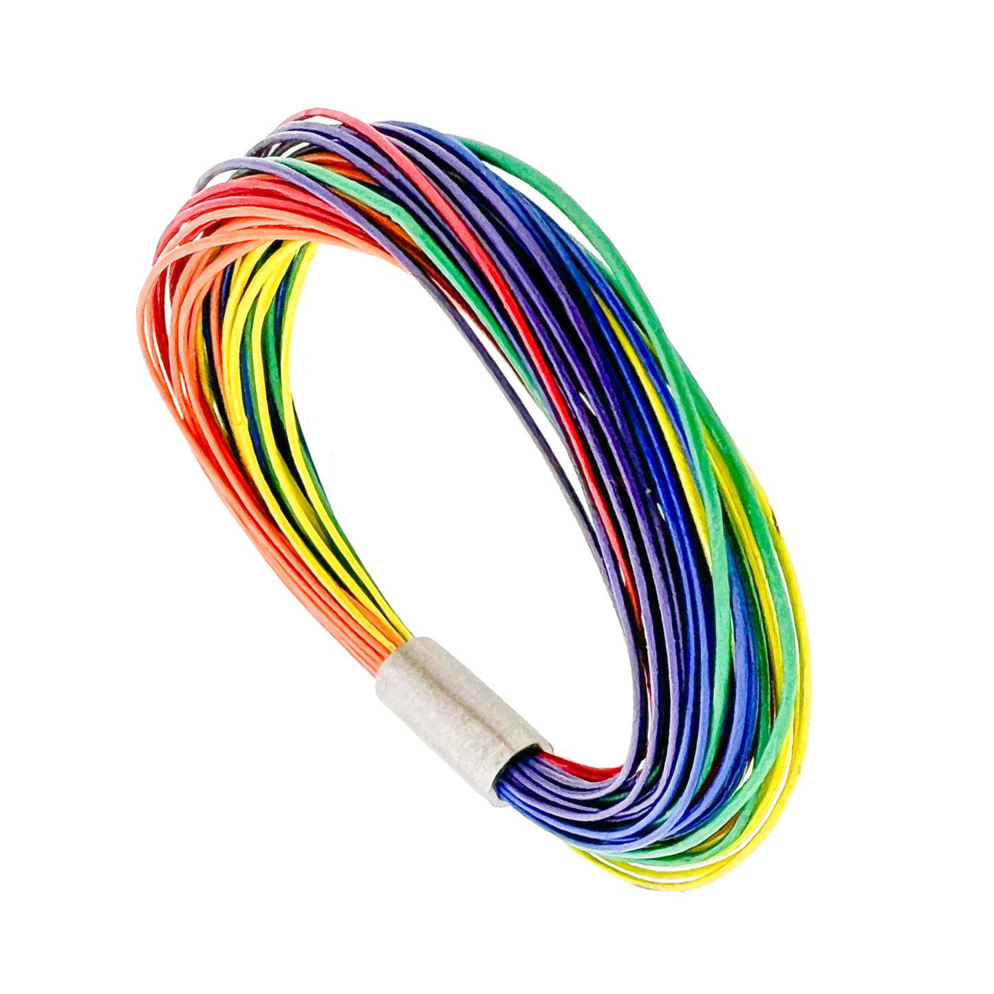The Rainbow Street Bracelet, crafted from 41 strands of 0.5mm leather, features a 6 rainbow color design and a 6mm titanium lock. This playful and unique bracelet is inspired by the iconic Rainbow Street and is handmade by Zeezen. Embrace the unexpected and add a pop of color to your style with this one-of-a-kind accessory from Reykjavík's ultimate destination for quirky leather accessories. Spread hope, peace, joy, and diversity with this bold and exciting bracelet.