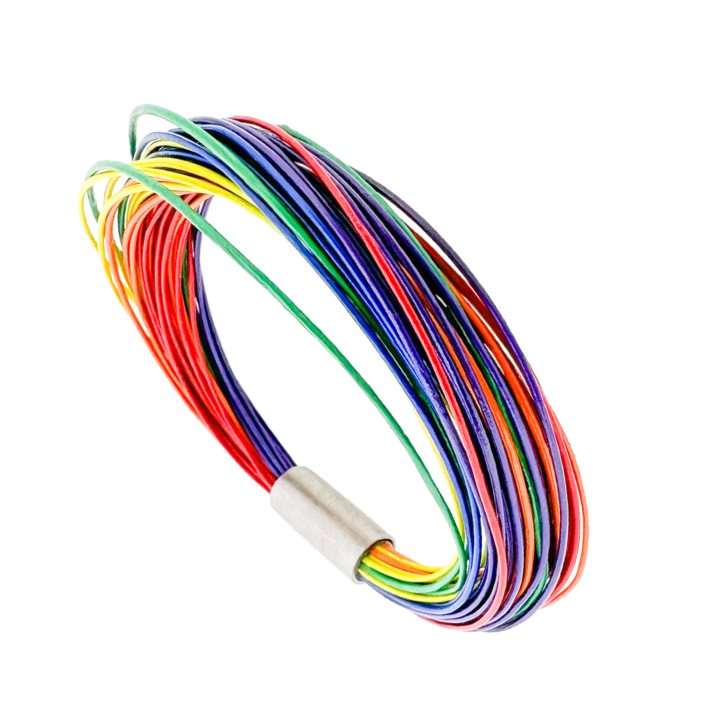 The Rainbow Street Bracelet, crafted from 41 strands of 0.5mm leather, features a 6 rainbow color design and a 6mm titanium lock. This playful and unique bracelet is inspired by the iconic Rainbow Street and is handmade by Zeezen. Embrace the unexpected and add a pop of color to your style with this one-of-a-kind accessory from Reykjavík's ultimate destination for quirky leather accessories. Spread hope, peace, joy, and diversity with this bold and exciting bracelet.