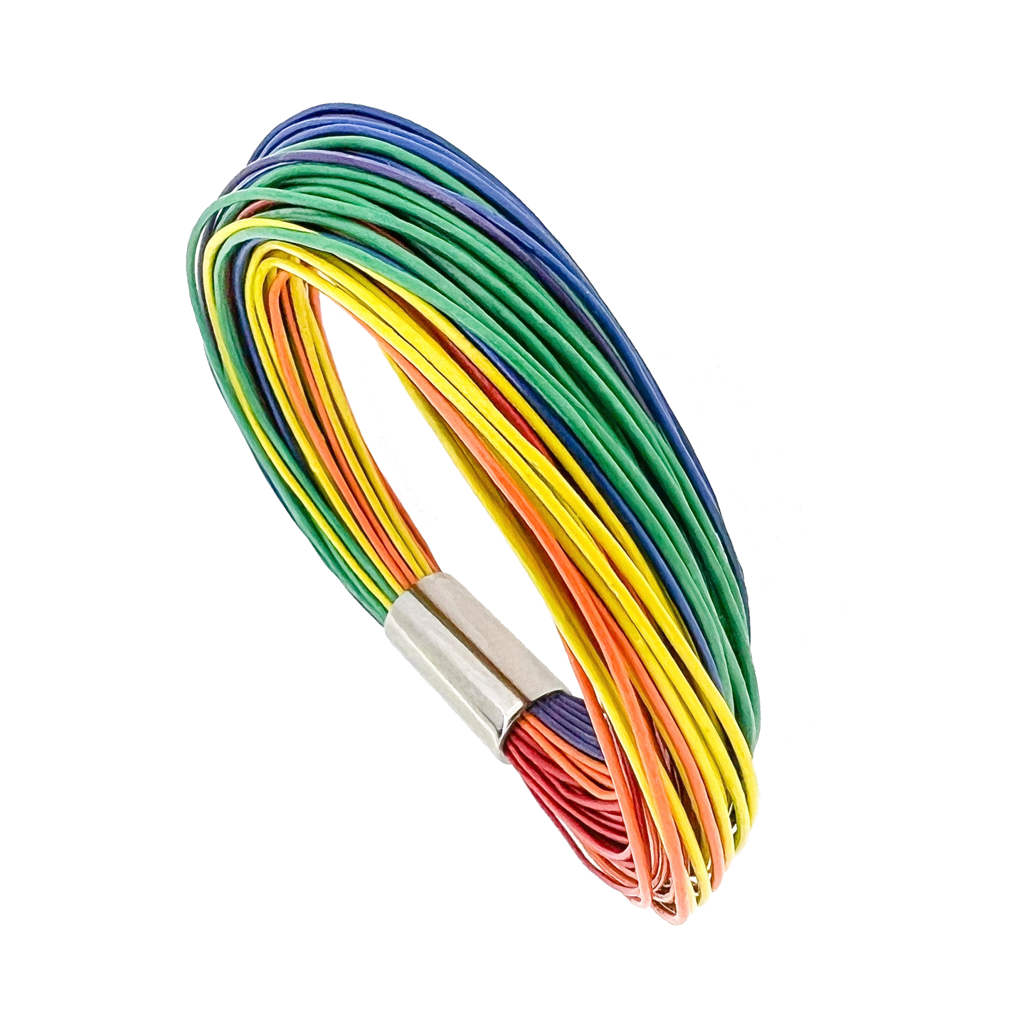 Rainbow Bracelet - 6 colors 75 leather strands (orange, yellow, red, green, blue, purple) leather 0.5mm with 6mm titanium magnetic lock - surface polished. Designed and handmade by Zeezen. Ófeigur gullsmiðija