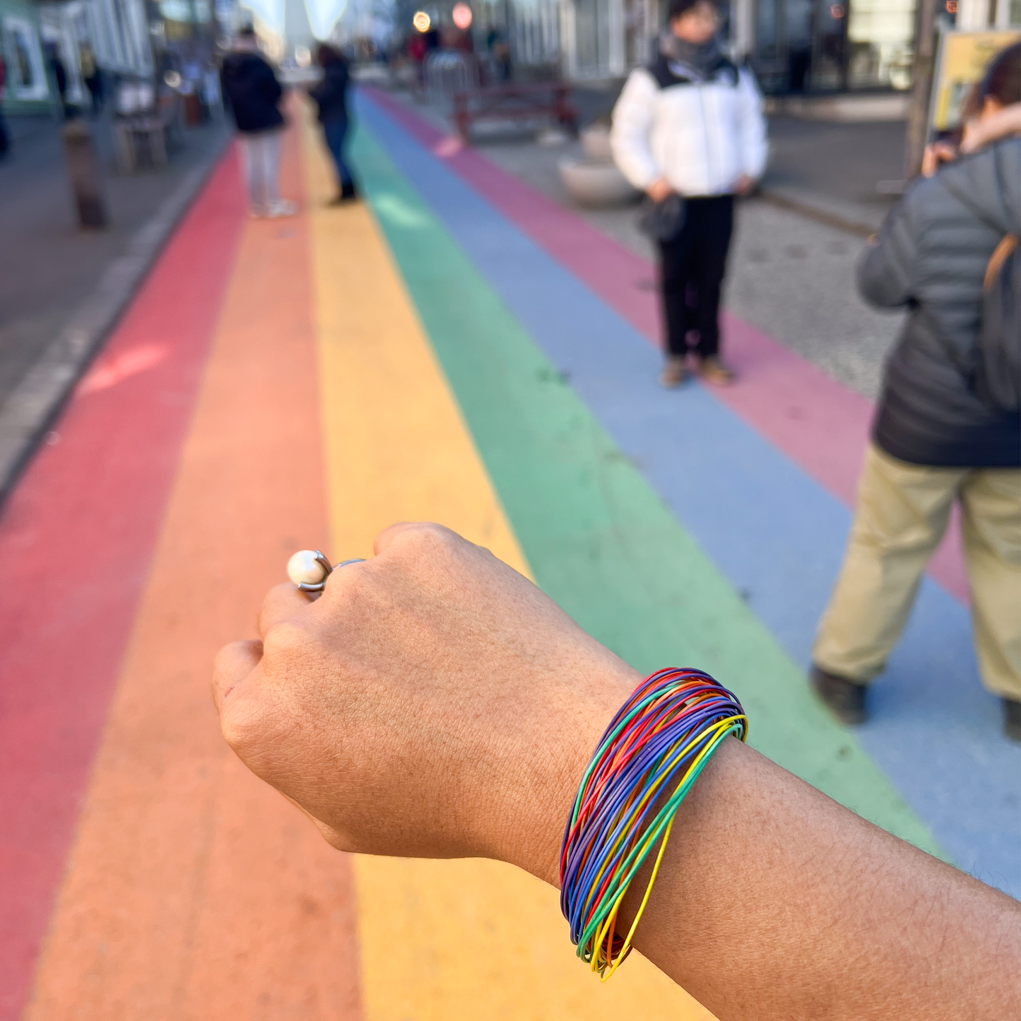 Rainbow Street Leather Bracelet - 6 colors 75 leather strands (orange, yellow, red, green, blue, purple) leather 0.5mm with 6mm titanium magnetic lock - surface polished. Designed and handmade by Zeezen