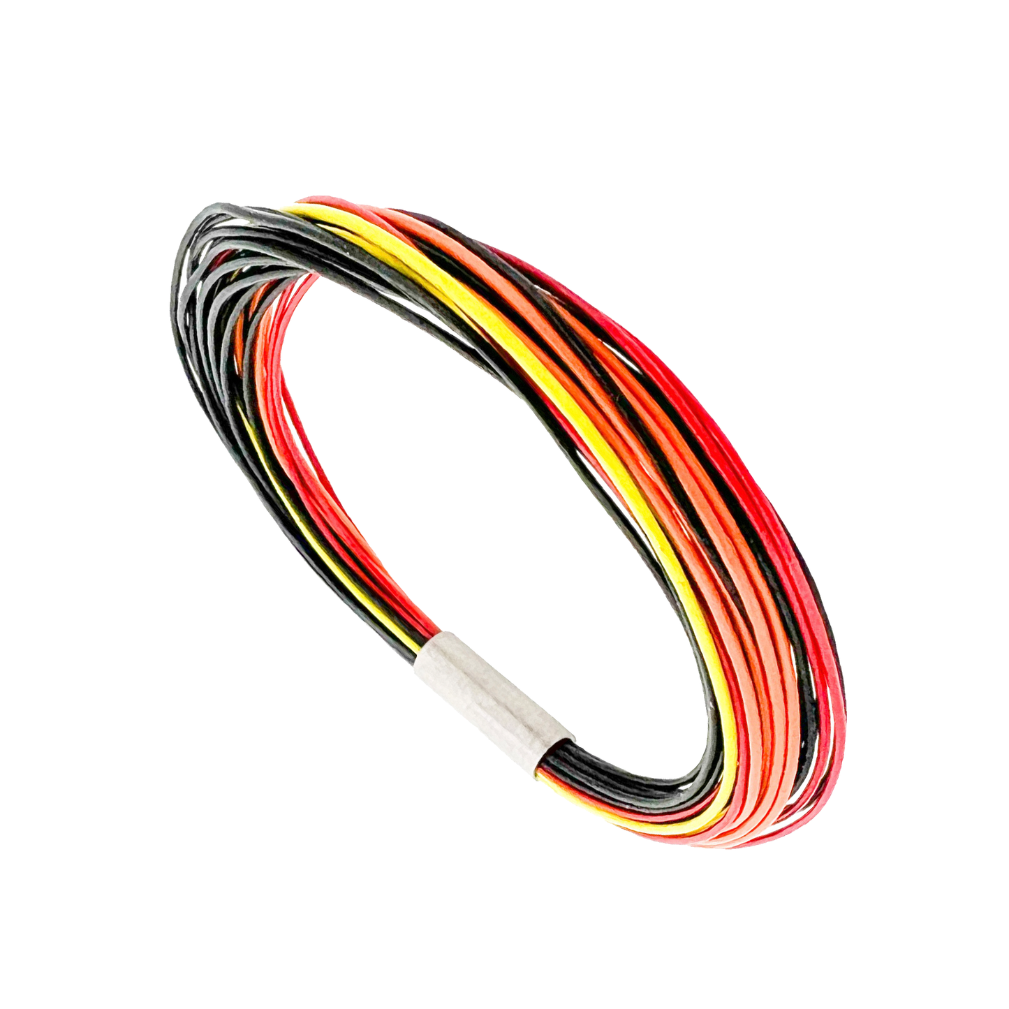 Volcano eruption leather bracelet with 6mm matt titanium magnetic lock. With 25 X 0.5mm premium leather. This colorful leather bracelet is inspired by the volcanic eruptions on the Reykjanes peninsula SW of Iceland. Made by Zeezen