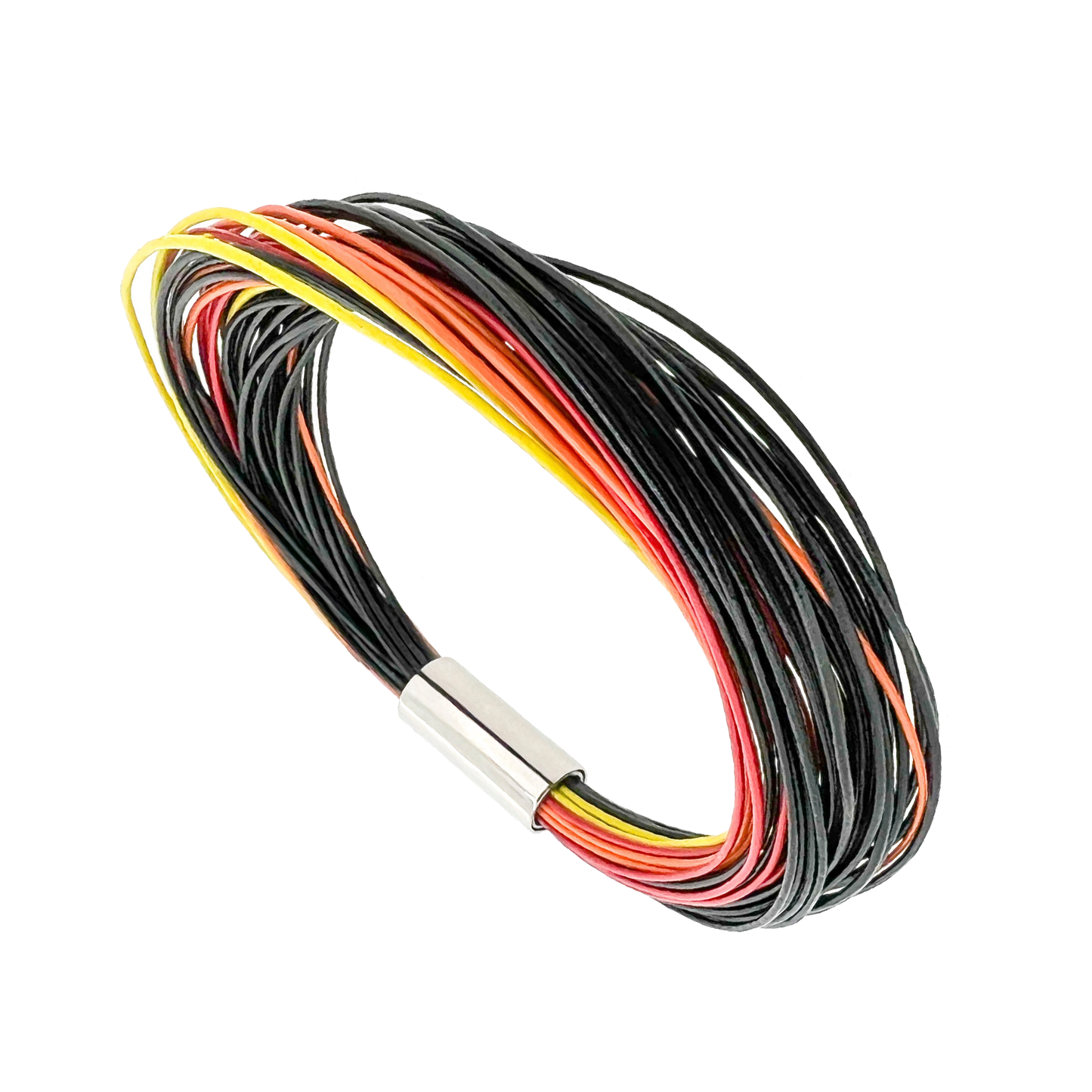 Volcano leather bracelet with polished titanium magnetic lock. 42 X 05mm leather strings , four vibrant colors, black, red, oragne and yellow. inspired by the fiery volcanic activity of SW-Iceland. Made by Zeezen