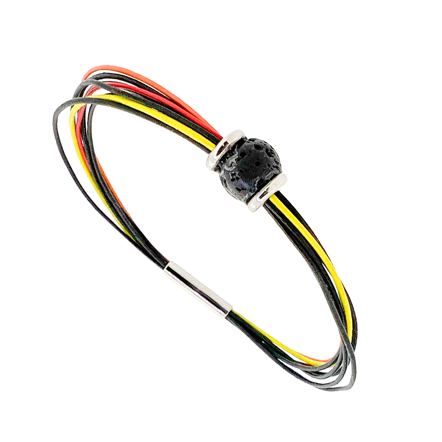 Volcano eruption leather bracelet with lava bead charm has 3.5mm matt titanium magnetic lock. With 8 X 0.5mm premium leather. This colorful leather bracelet is inspired by the volcanic eruptions on the Reykjanes peninsula SW of Iceland. Made by Zeezen