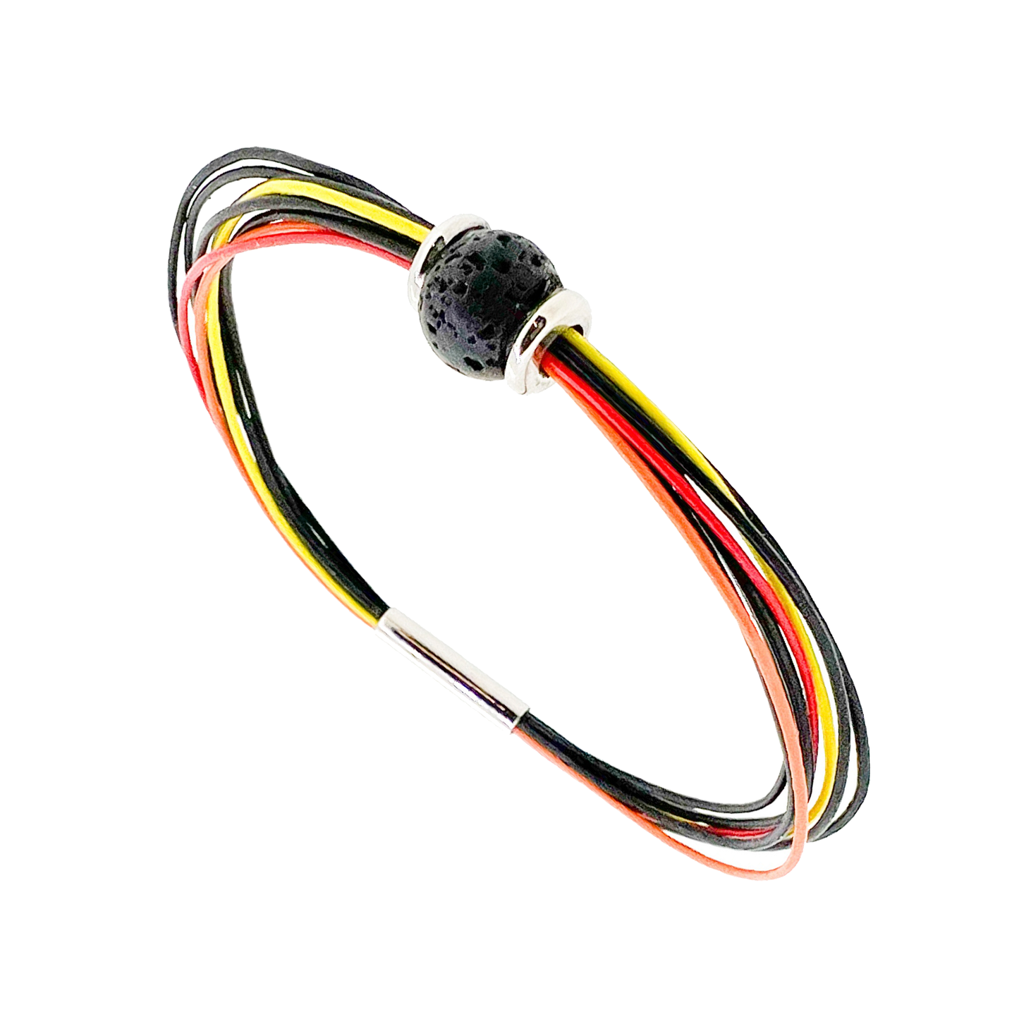 Volcano eruption leather bracelet with lava bead charm has 3.5mm matt titanium magnetic lock. With 8 X 0.5mm premium leather. This colorful leather bracelet is inspired by the volcanic eruptions on the Reykjanes peninsula SW of Iceland. Made by Zeezen