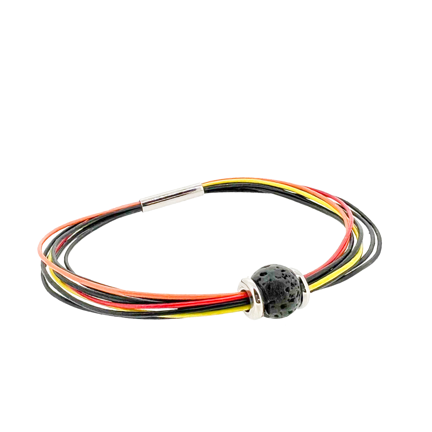 Volcano eruption leather bracelet with lava bead charm has 3.5mm matt titanium magnetic lock. With 8 X 0.5mm premium leather. This colorful leather bracelet is inspired by the volcanic eruptions on the Reykjanes peninsula SW of Iceland. Made by Zeezen