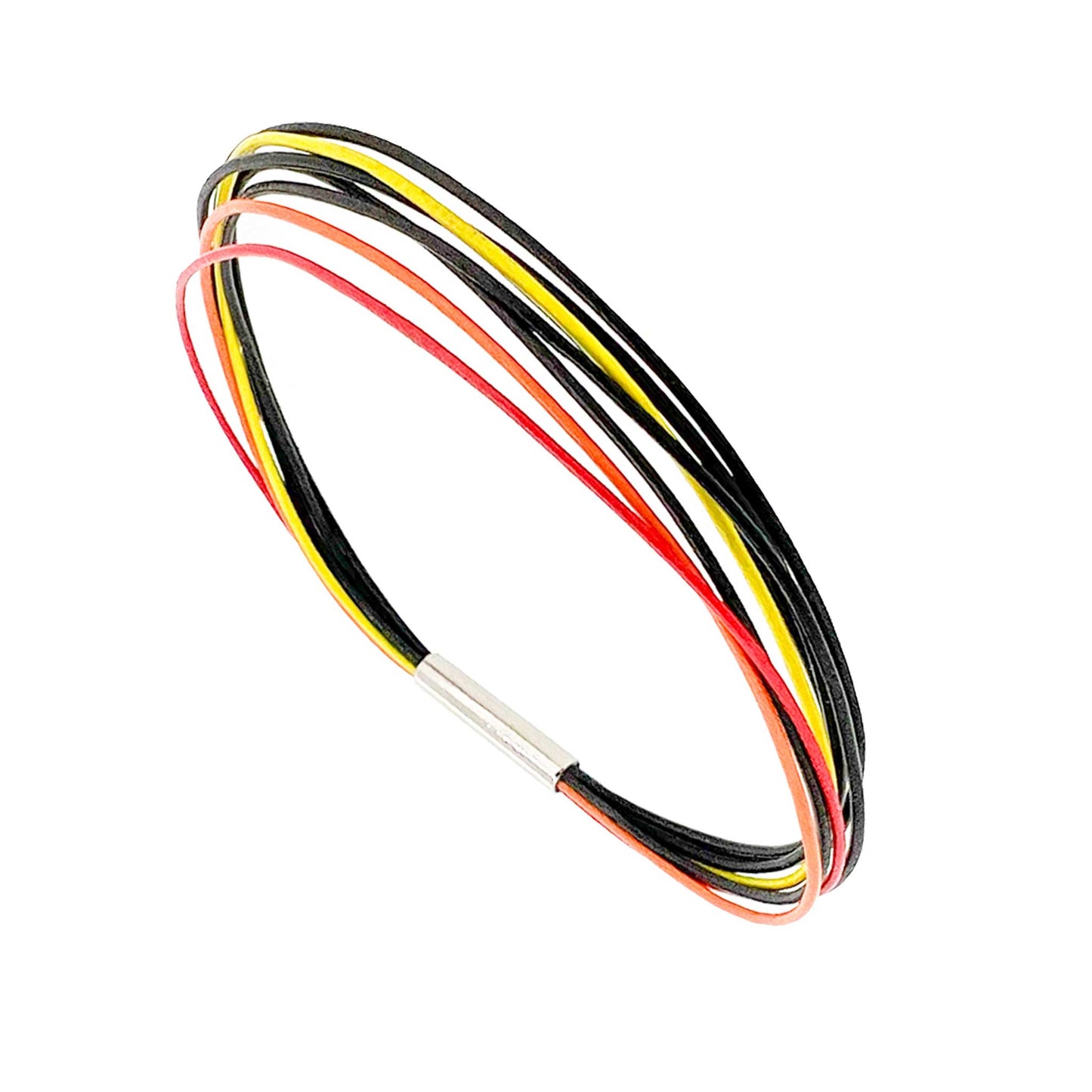Volcano eruption leather bracelet with 3.5mm matt titanium magnetic lock. With 8 X 0.5mm premium leather. This colorful leather bracelet is inspired by the volcanic eruptions on the Reykjanes peninsula SW of Iceland. Made by Zeezen