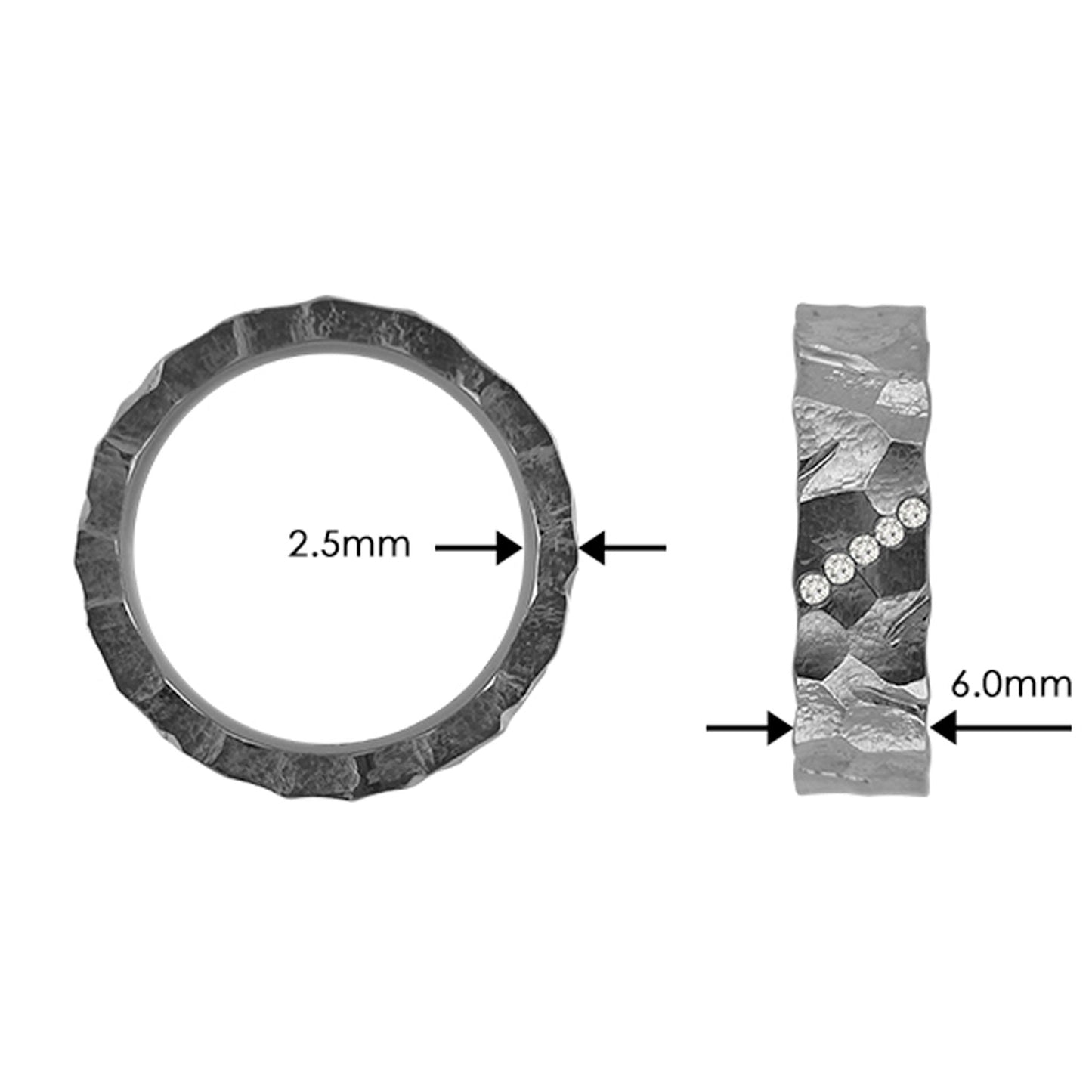 Tantalum Ring w/ Lab Diamond(5x0.01 White TW/Si-2) Boundary/Polished(Cut). Tantalum ring with five lab grown diamonds going down diagonally from left to right in the center of the ring. Ring profile: width: 6.0 mm || height: 2.5 mm. The picture shows the width (6.0mm) and hight (2.5mm)) of the ring