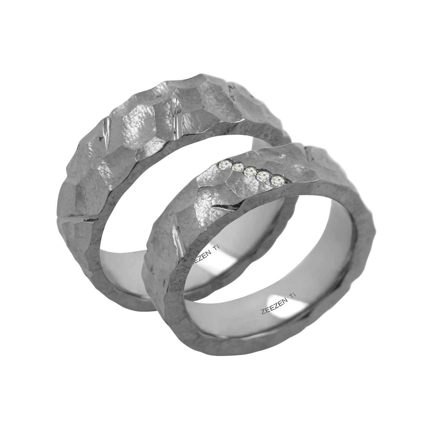 Tantalum Ring w/ Lab Diamond(5x0.01 White TW/Si-2) Boundary/Polished(Cut). Tantalum ring with five lab grown diamonds going down diagonally from left to right in the center of the ring. Ring profile: width: 6.0 mm || height: 2.5 mm. Next to a matching couple ring without the diamonds.