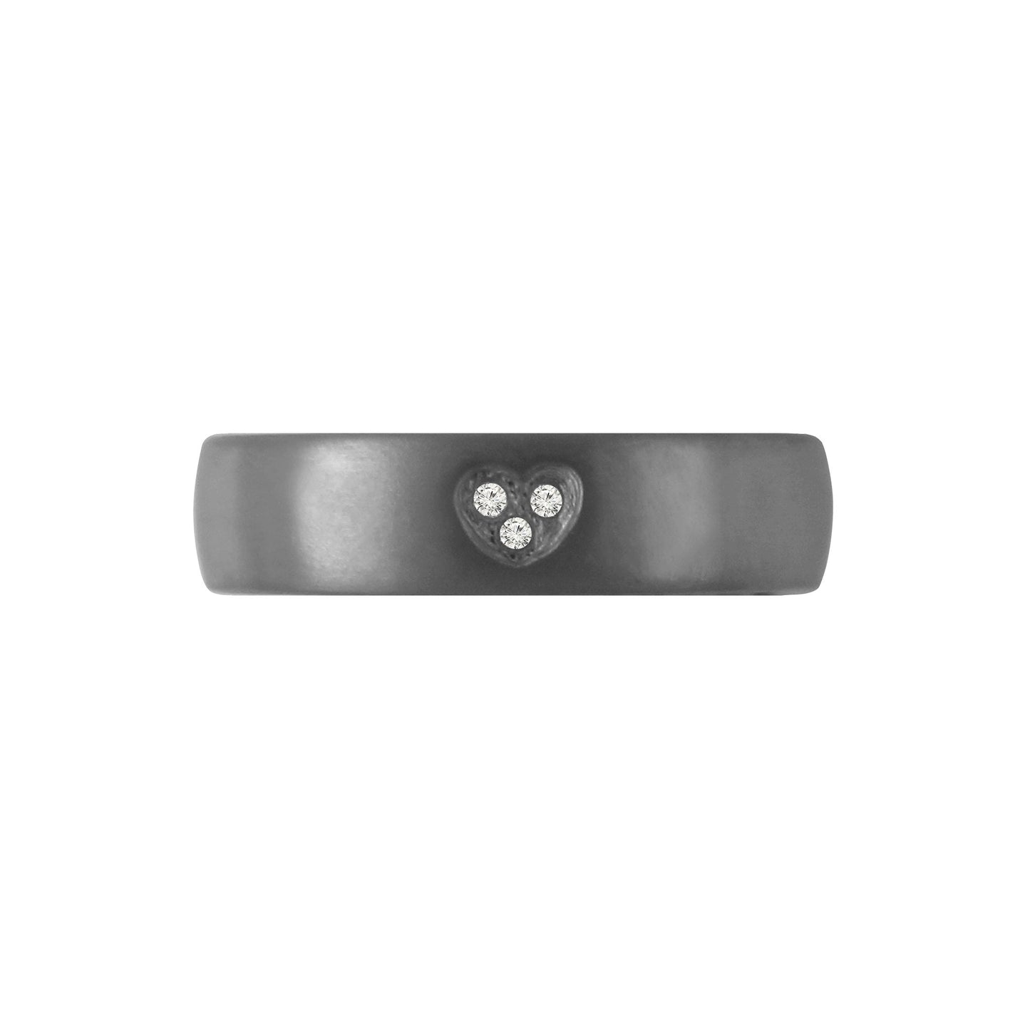 Tantalum Ring w/ Lab Diamond(3x0.005ct. White TW/Si-2) Matte. Tantalum ring with a heart shaped hole in the middle and three diamonds inside the heart. Ring profile: width: 5.0 mm || height: 1.8 mm. Top view